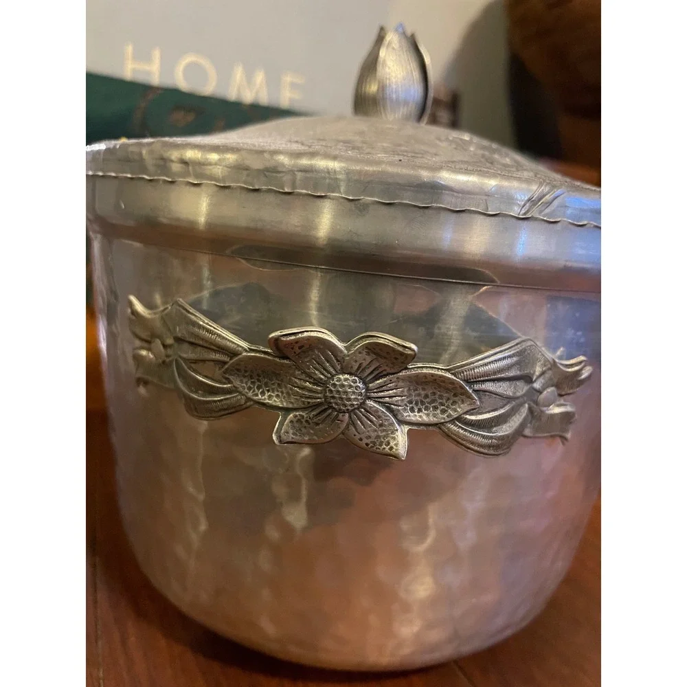 Antique Hammered Aluminum Ice Bucket Floral Tulip Lid Finial Mid Century Modern